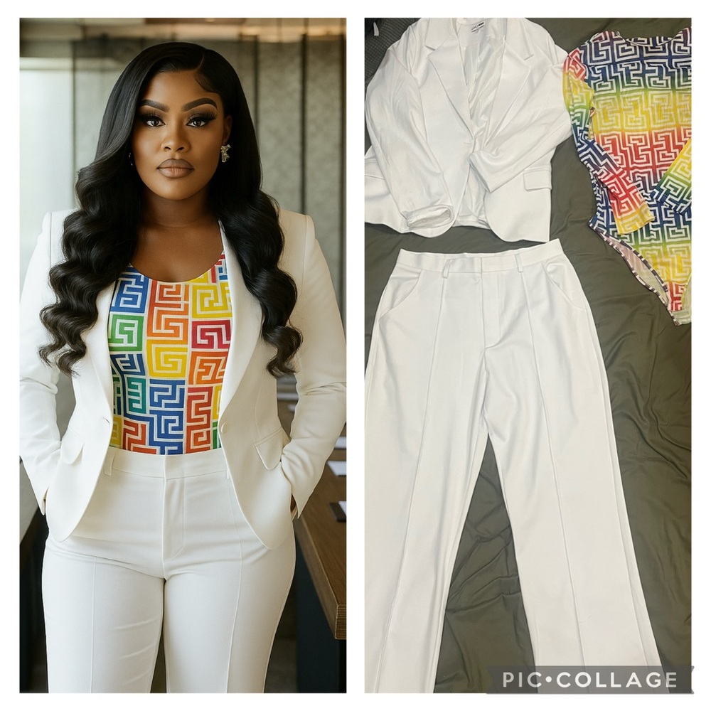 Elegant White Women's Pantsuit with Multicolor Top